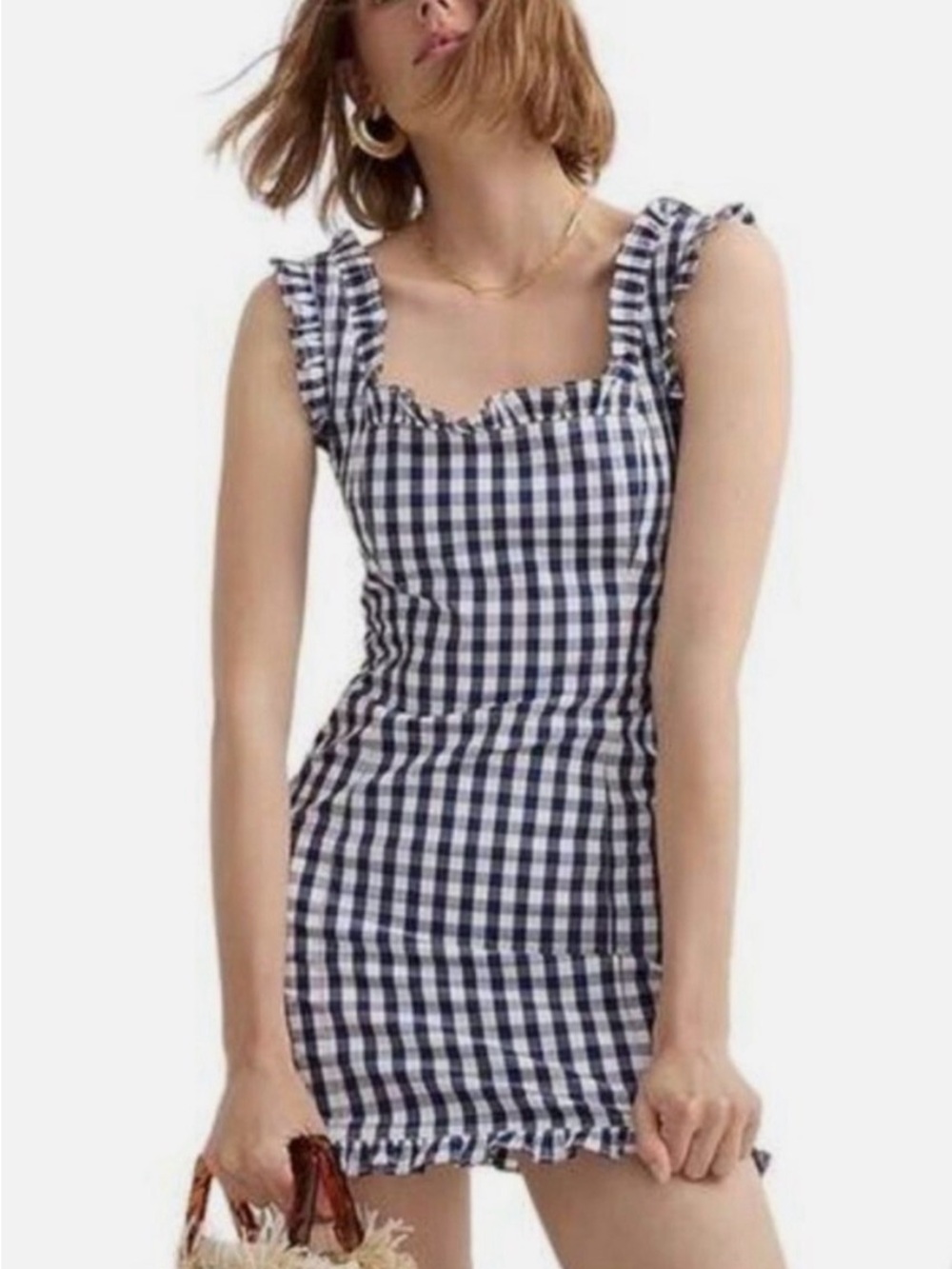 J. Crew Navy and White Gingham Ruffle Mini Dress